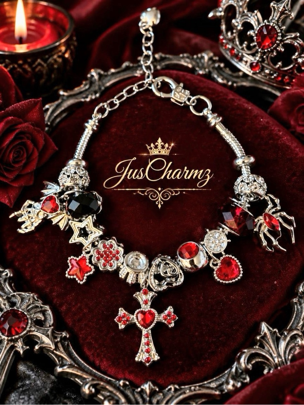 Gothic Crimson Red & Silver Cross Charm Bracelet | Vampy Spider Jewelry